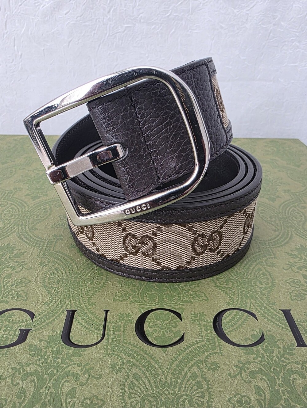 Auth Gucci GG Canvas Leather Belt